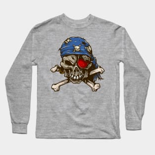 Pirate skull crossbones blue bandanna red eye patch Long Sleeve T-Shirt